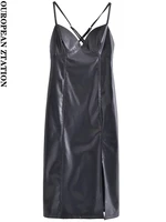 pailete women 2022 fashion faux leather front slit midi dress vintage backless zipper thin straps female dresses vestidos mujer