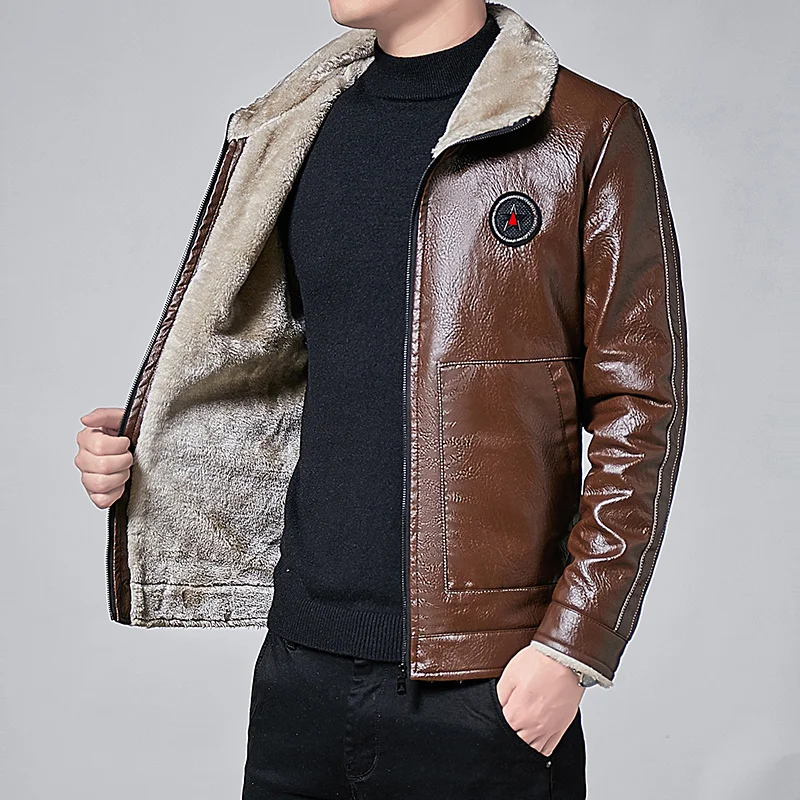 

Mens Fashion Leather Jacket Slim Fit fur Collar PU Jacket Male Motorcycle Zipper Jackets Men fleece and warm winter jackets