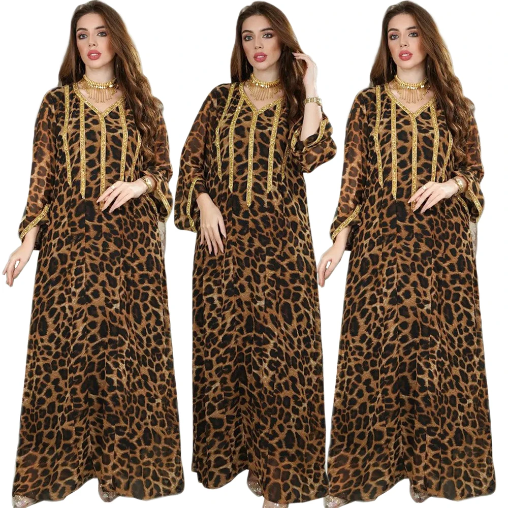 Женское платье-кафтан с длинным рукавом, с леопардовым принтом