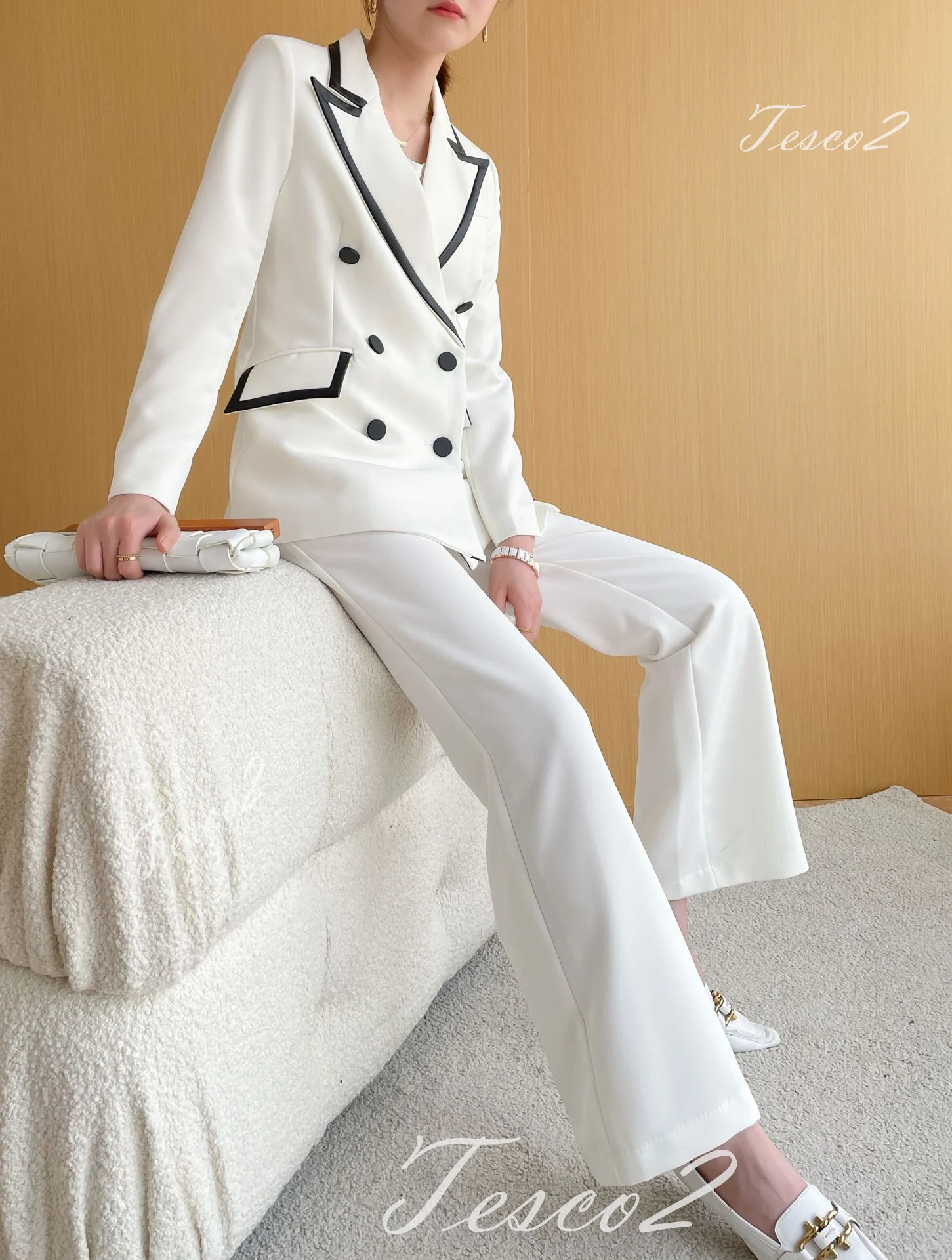 Tesco белый женский костюм с длинным рукавом Блейзер + длинные брюки пэчворк
