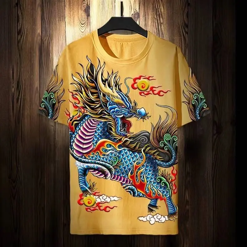 

Men's antique kylin clothes divine beast short sleeve T-shirt summer thin Chinese style round neck ice silk T-Shirt Top