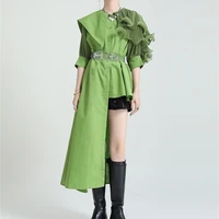 new lapel half sleeve loose fit shirt fashion tide spring summer 2022 women green pleated irregular long blouse