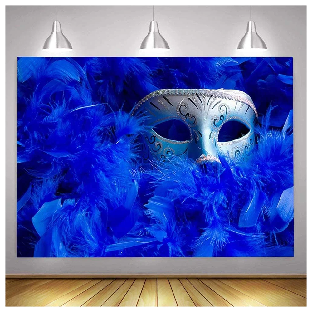 

Mardi Gras Royal Blue Feather Sliver Mask Mystery Photography Backdrop for Masquerade Theme Party Banner Photo Booth Background