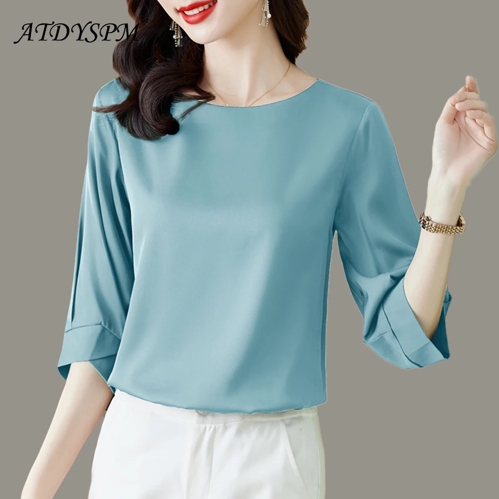 

Simplicity Tops Women Elegant O-Neck Loose 3/4 Sleeve Fashion Women Satin Blouses 2023 Vintage Office Lady Casual Tops Shirts