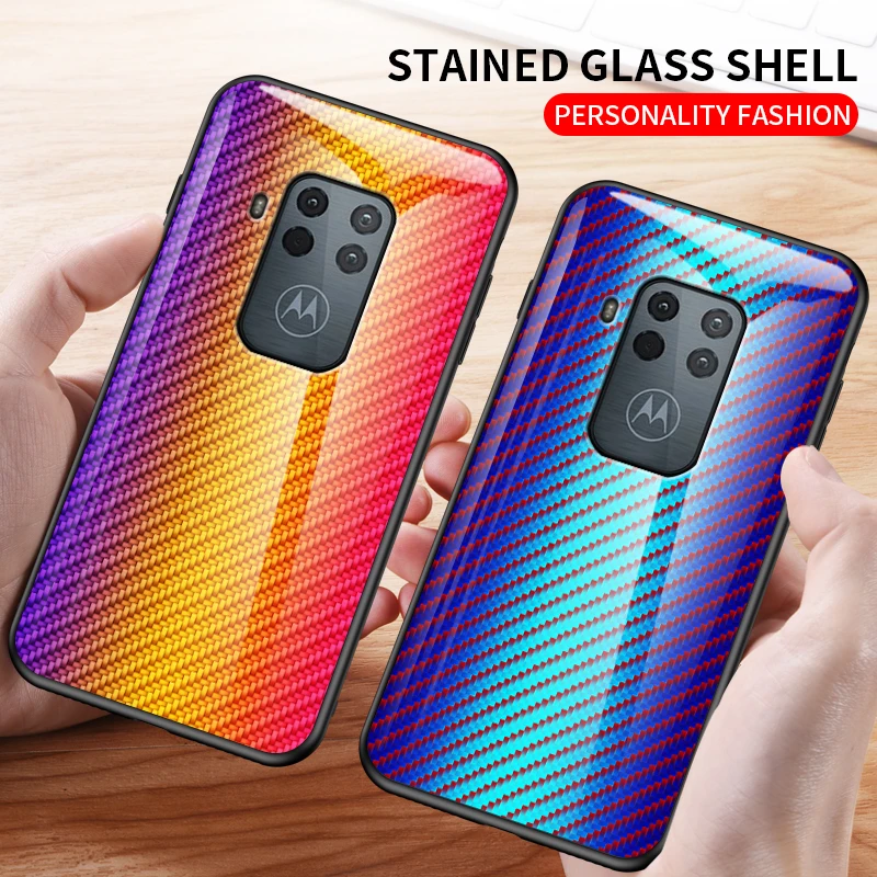

Shockproof Gradient Carbon Fiber Tempered Glass Case For Motorola One ZOOM G5s G6 G7 Plus Power Ultra Slim Tempered Glass Cover