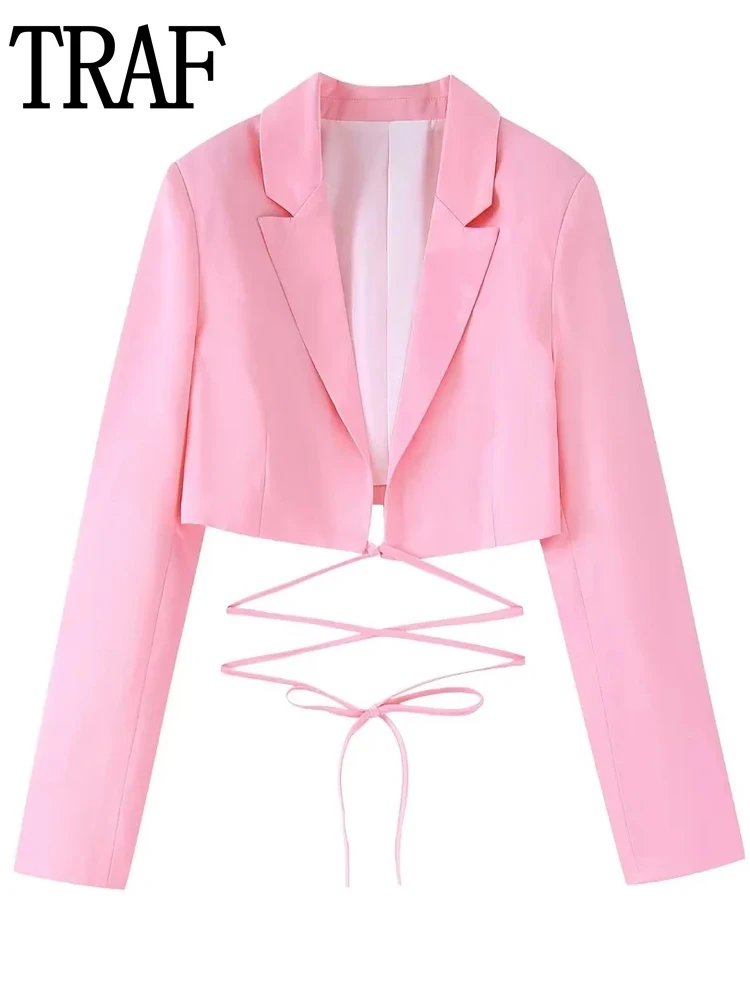 

TRAF Women's Pink Blazer Suits Long Sleeve Cropped Blazer Woman Summer Satin Blazers For Women Elegant Stylish Tied Blazer Sets