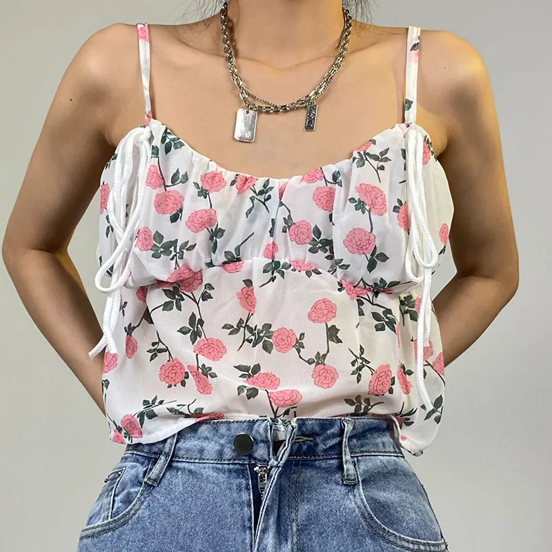 

2022 Summer New Temperament All-match Fashion Casual Street Rose Print Top Loose Fit Chiffon Casual Camisole