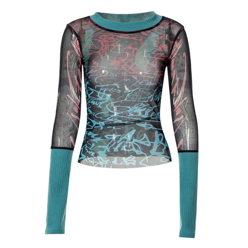 

Женская Сетчатая футболка с длинным рукавом в стиле Харадзюку, облегающая футболка с абстрактными буквами и цветными блоками в стиле пэчво...