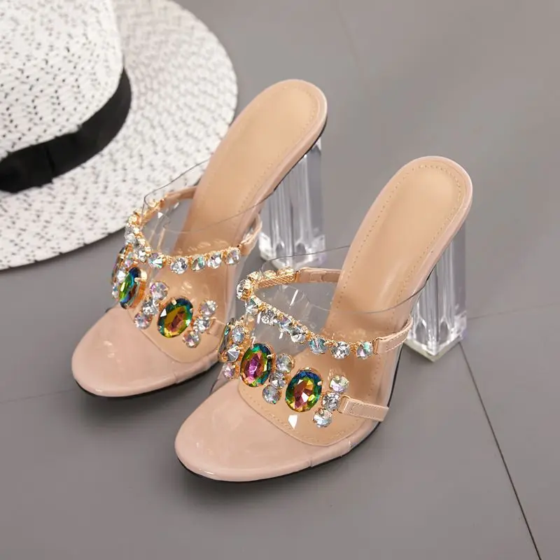 

Ladies Sandals and Slippers Fashion Transparent Rhinestone Chunky High Heels Casual sandals women shoes slippers women