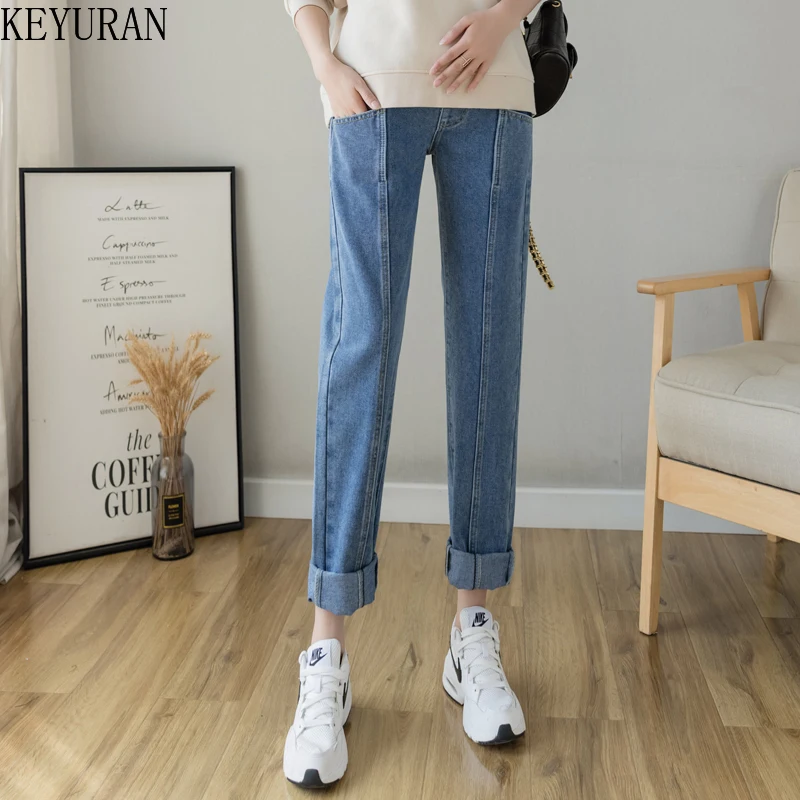 

2022 Autumn Winter Denim Maternity Jeans Adjustable Belly Straight Pants for Pregnant Women Loose Pregnancy Trousers With Velvet