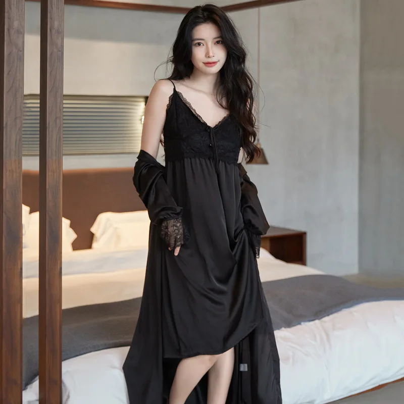 

Black 2PCS Kimono Robe Set Long Sleeve Sexy Lace Home Dressing Gown Intimate Lingerie Casual Satin Homewear Bathrobe Gown