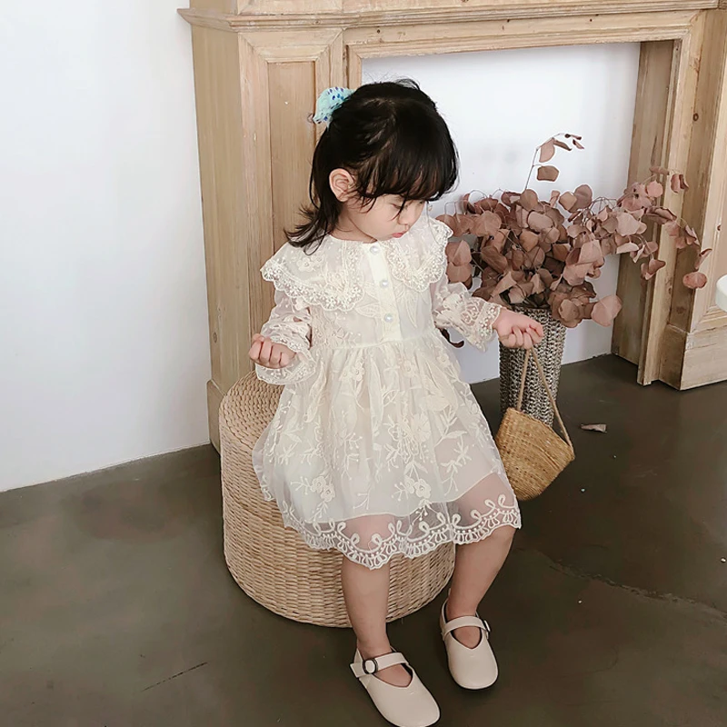 

Spring Summer New Girls Dress Chic Embroidered Lace Long Sleeve Dresses 2022 Fashion High Waist A-Line Princess Frock