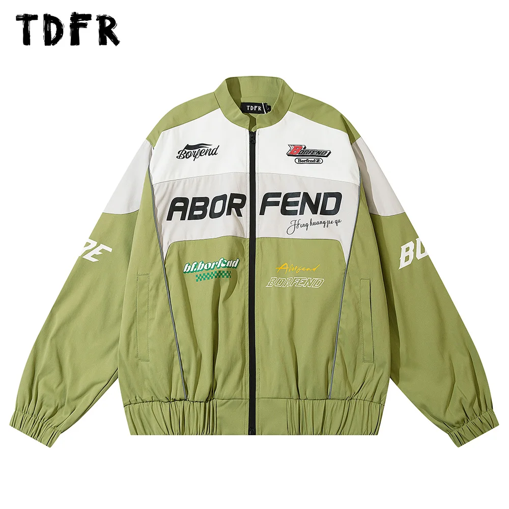 

Letter Contrast Paneled Jacket Mens Autumn Winter Streetwear Loose Stand Collar Long Sleeve Racing Outerwear Men