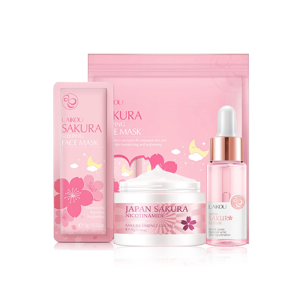 

Face Skin Care Set Cherry Blossom Essence Moisturizing Collagen Face Cream & Face Serum & Facial Sleeping Mask Beauty Makeup Set
