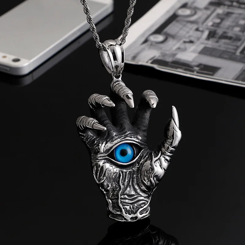 

2023 New Vintage Pendant Domineering Demon Hand Sweater Chain Dragon Claw Blue Eye Necklace Pendant Jewelry Accessories