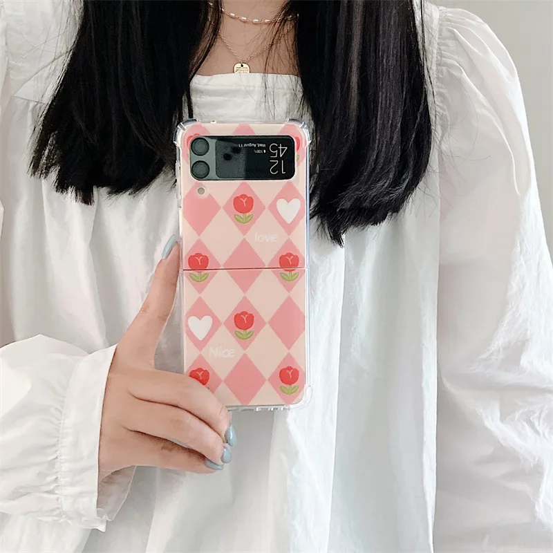 

Flower Pink Diamond Phone Case for Samsung Galaxy Z Flip 3 5G Hard PC Back Cover for ZFlip3 Case Protective Shell