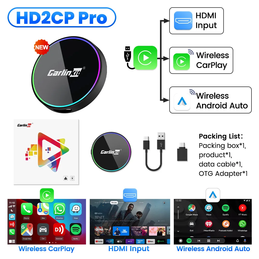 

Carlinkit Car TV Mate Мультимедийный HDMI-адаптер 3-в-1 Проводной к беспроводному CarPlay Android Auto Box HD Видеоконвертер для ТВ-палок