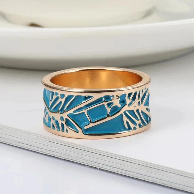 

New Creative Women Rings Engraved Design with Blue Enamel Handmade Finger Accessories Anniversary Gift Statement Jewelry Bulk