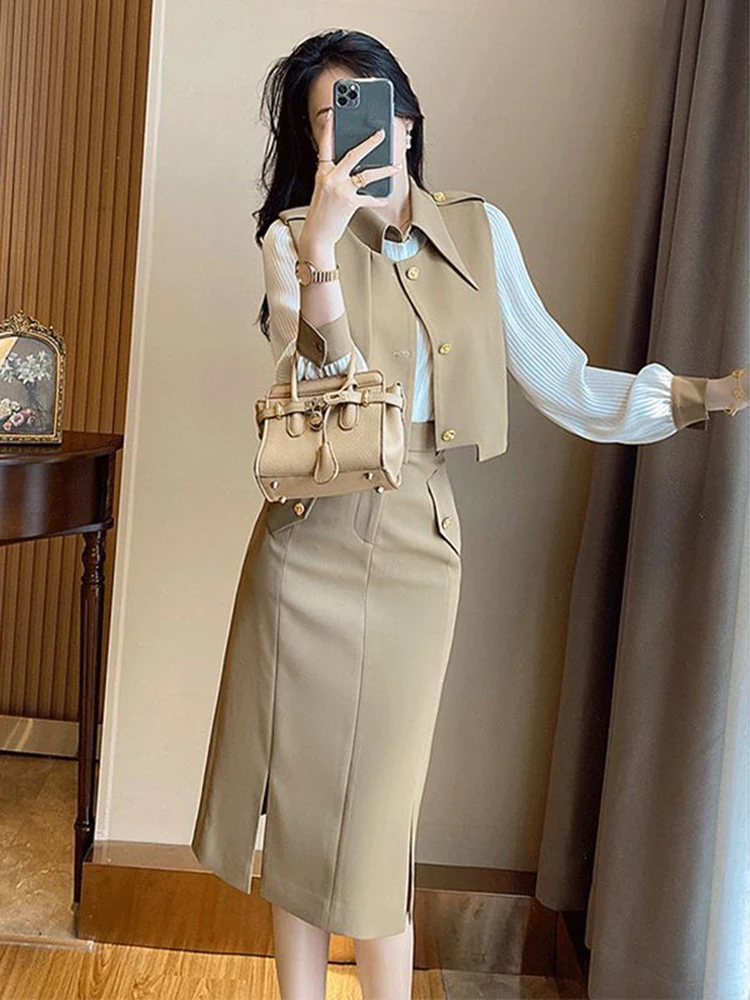 

2024 Spring and Autumn Women's Set Solid Tank Top+Polo Shirt+Split Dress Elegant Casual Three Piece Set