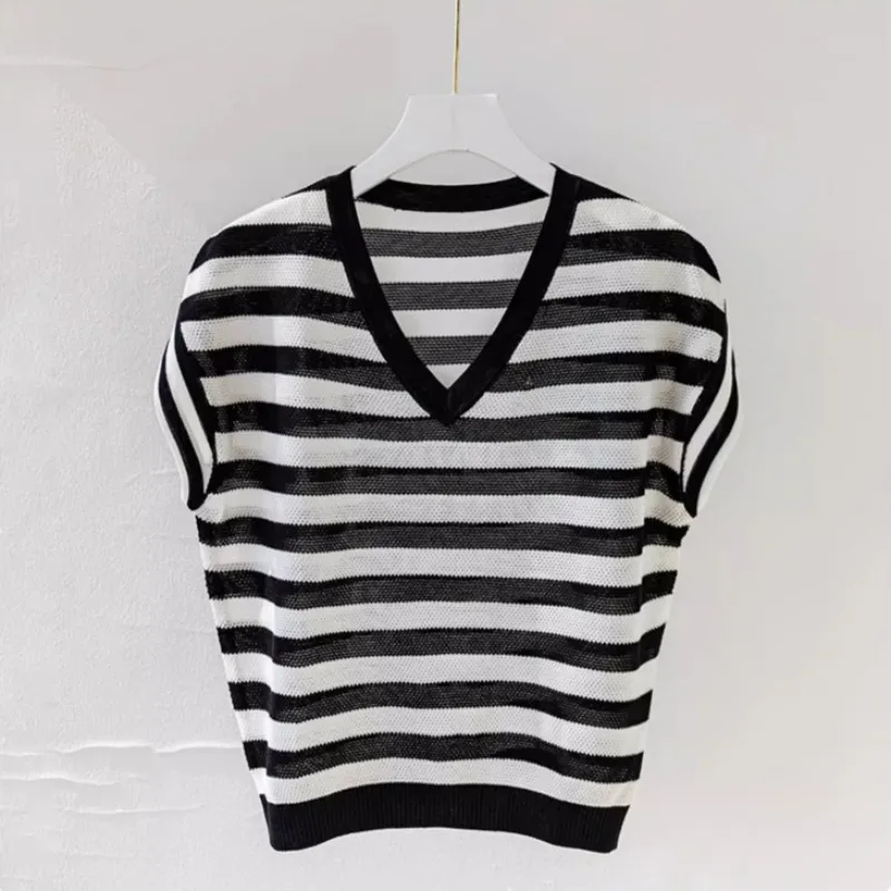Модные Полосатые свитера с V-образным вырезом Новинка лета 2024 женские свободные