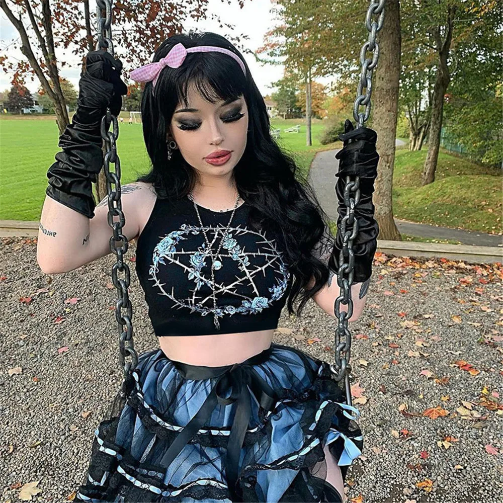 

Y2K New Gothic Tank Top Women Streetwear Casual Short Punk Crop Tops Black Sleeveless Summer 2022 Goth Printed Camisole