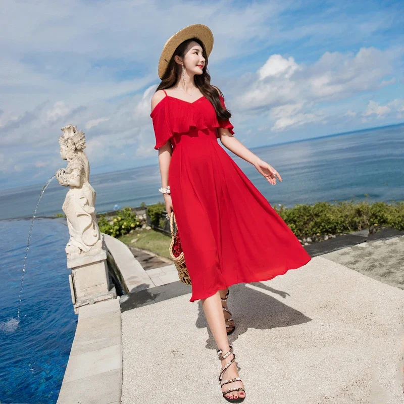 Женские платья большого размера лето красный шифон Boho Midi 2019 элегантный женский