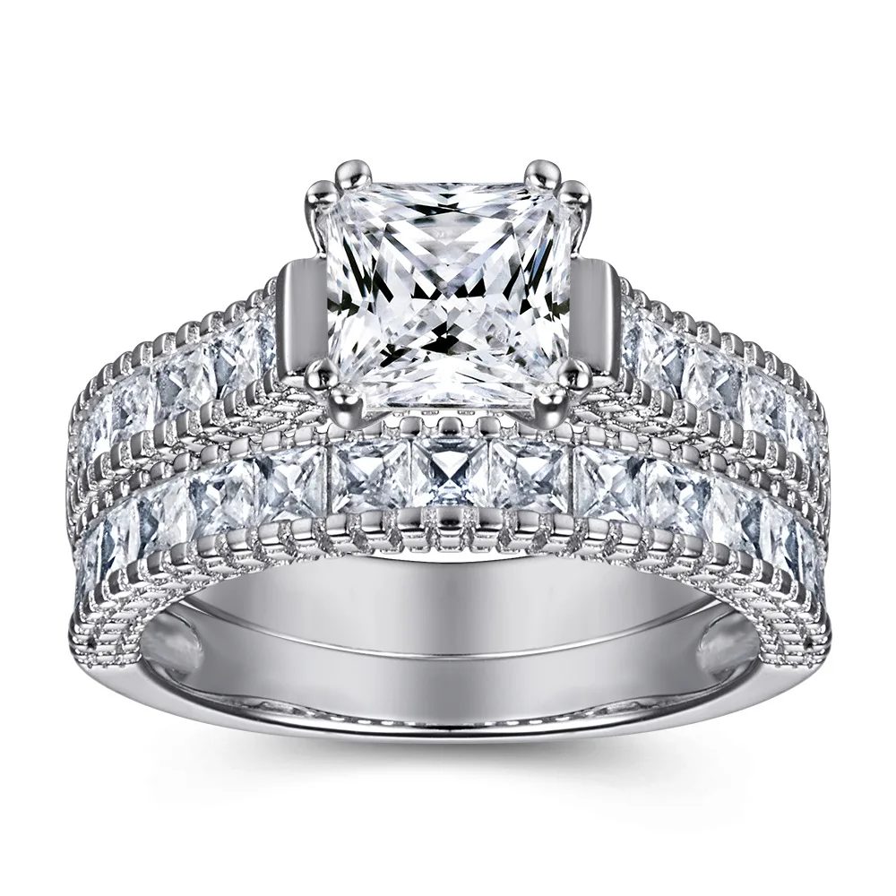 

New European and American s925 silver ring couple two-in-one set ring ladies square 5A zircon row diamond jewelry