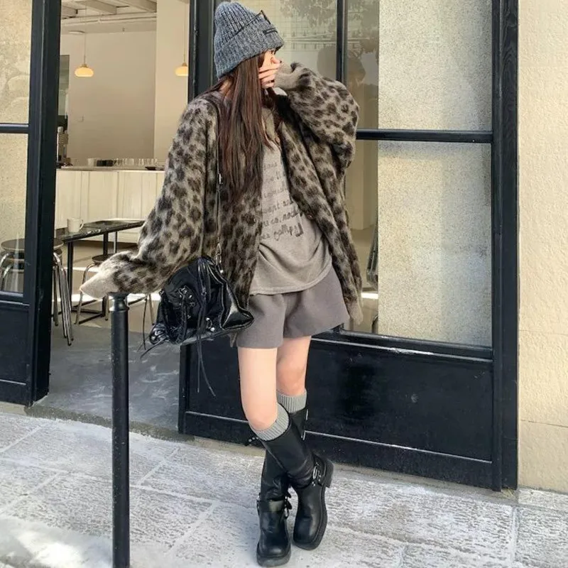 JY Новый женский кардиган модный свитер с леопардовым принтом вязаный