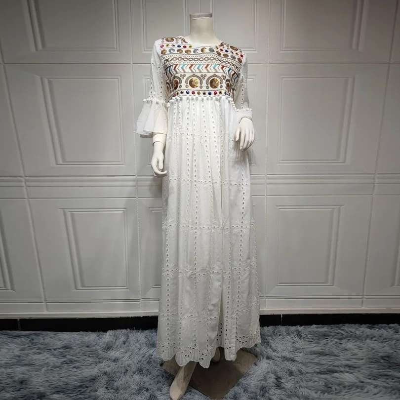 

Middle East Ramadan Lantern Sleeves Wmen Dress O Neck Hollow Out Fabirc Pleats Embroidery Casual Party Dubai Dresses 2022 Summer