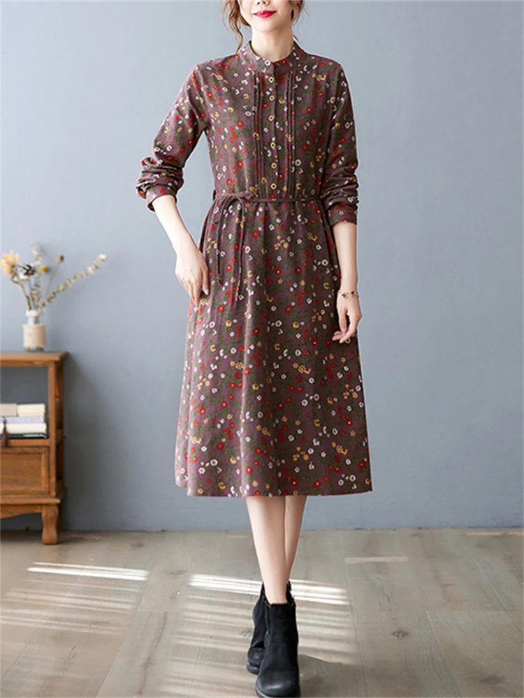 Женское Хлопковое платье с длинным рукавом повседневное элегантное винтажное