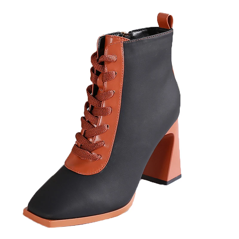 ZOOKERLIN Mixed Color Cross Straps Tapered Heels Women's Boots Winter Fashion Ankle Boots PU Leather Weave Lace Up Woman Booties