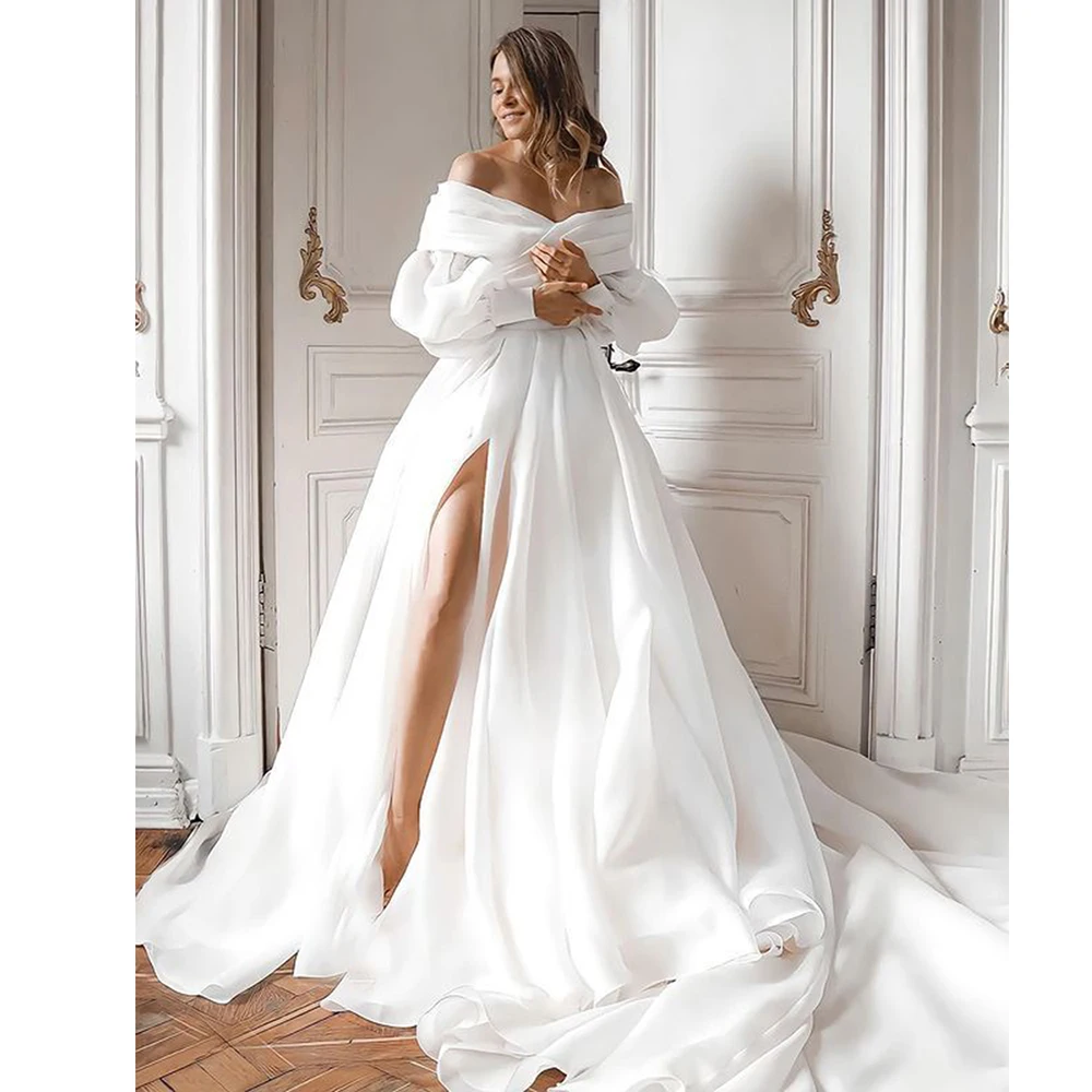 

Laboum Sexy High Side Split Wedding Dresses 2024 Puff Sleeves Pleats Bride Gowns A-Line Bridal Dress vestido de novia Train Long