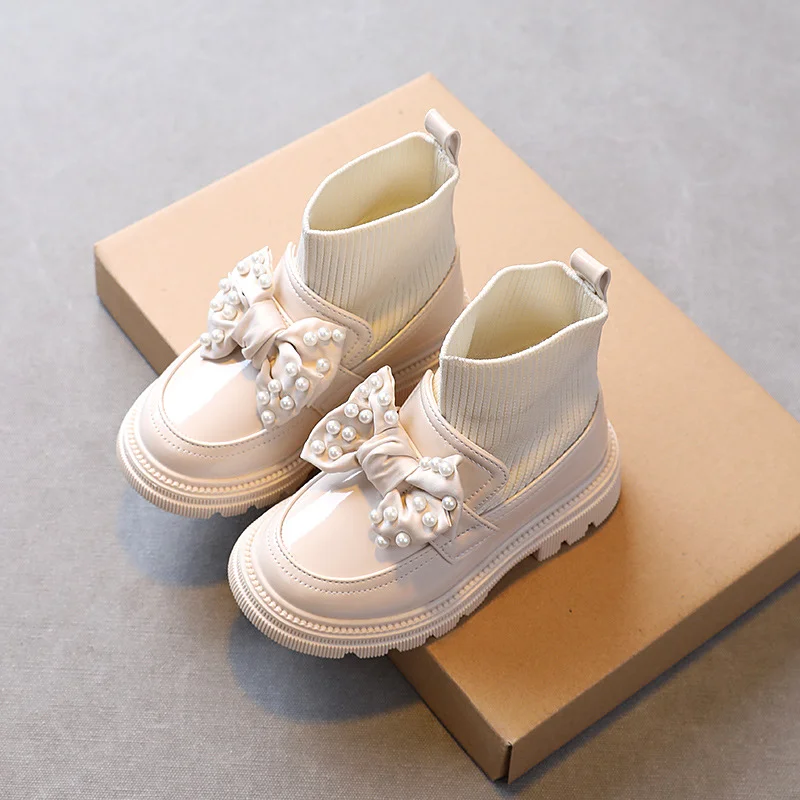 

Cute 2022 Spring New Children's Fashion Boots Girls Bow Knitted Sleeve Boots Baby Flat Leather Shoes Tide Toddler Boots Girl