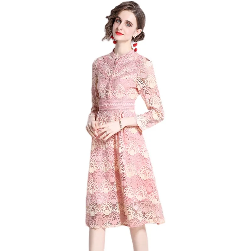 Симжент Розовое кружевное платье для женщин 2022 весна Новая мода Элегантное платье с длинным рукавом и вышивкой до колена Платья прямого силуэта Джурк SG221415.