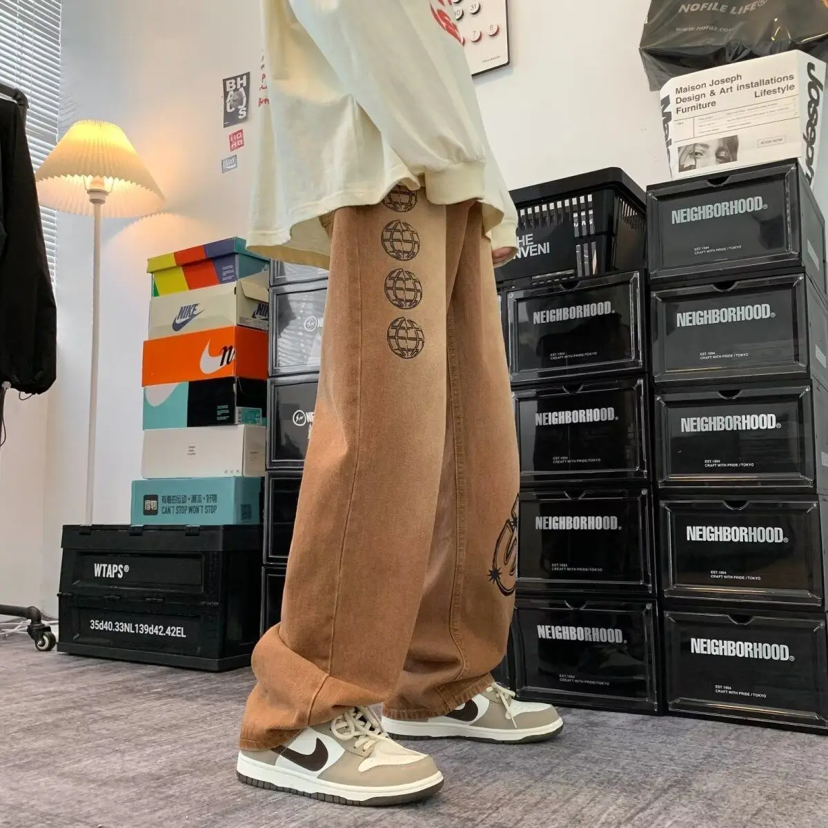 Джинсы мужские в стиле ретро классические брюки из денима прямые штаны с принтом