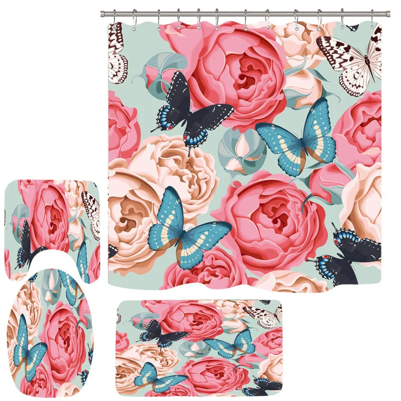 Бабочка большой цветок синий акварельный поломанный занавеска для душа в ванную