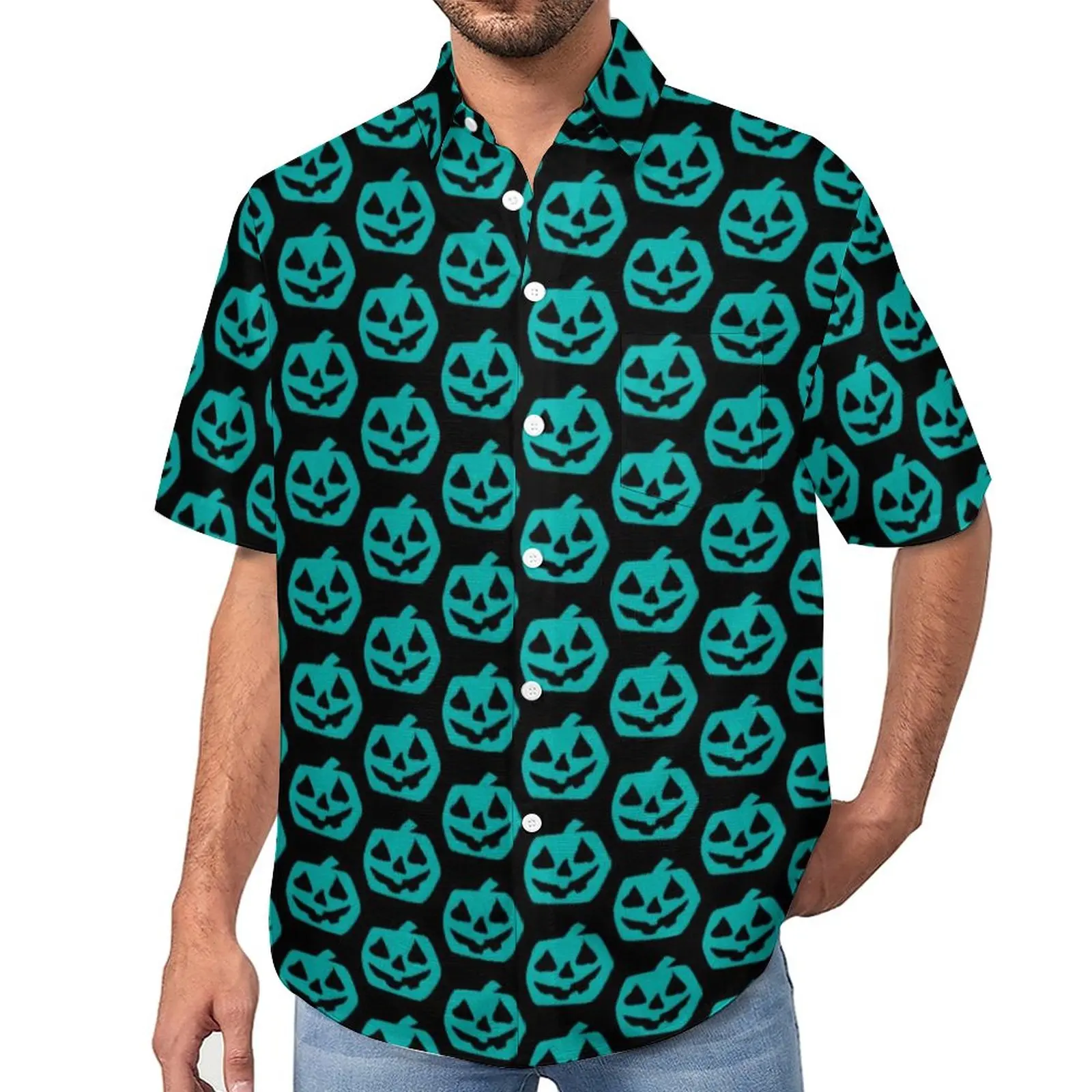 

Halloween Blouses Man Teal Pumpkin Print Casual Shirts Hawaiian Short Sleeve Graphic Vintage Oversized Vacation Shirt Gift