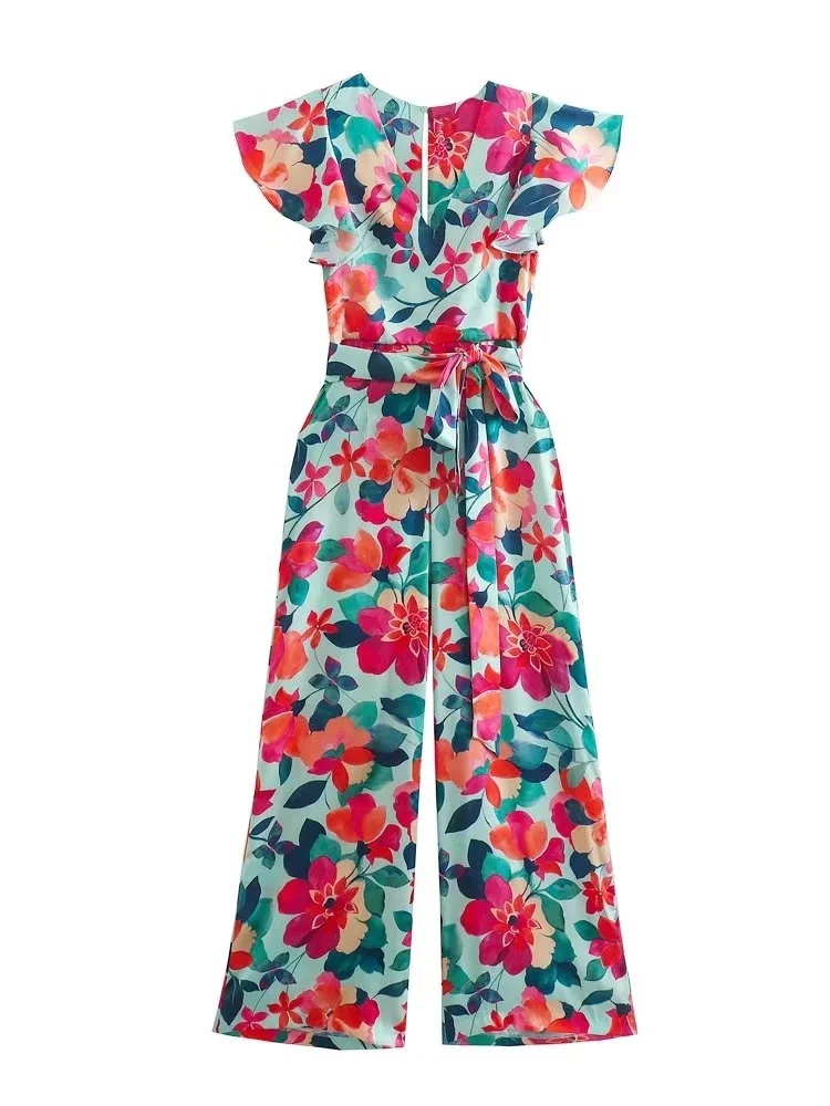 

Fashion Women Floral Print Jumpsuit Matching Belt Short Ruffled Sleeve Vneck Wide-leg Design Invisible Back Zip Button Fastening