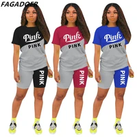 fagadoer pink letter print tracksuits women round neck color patchwork top and biker shorts two piece sets female 2pcs outfits