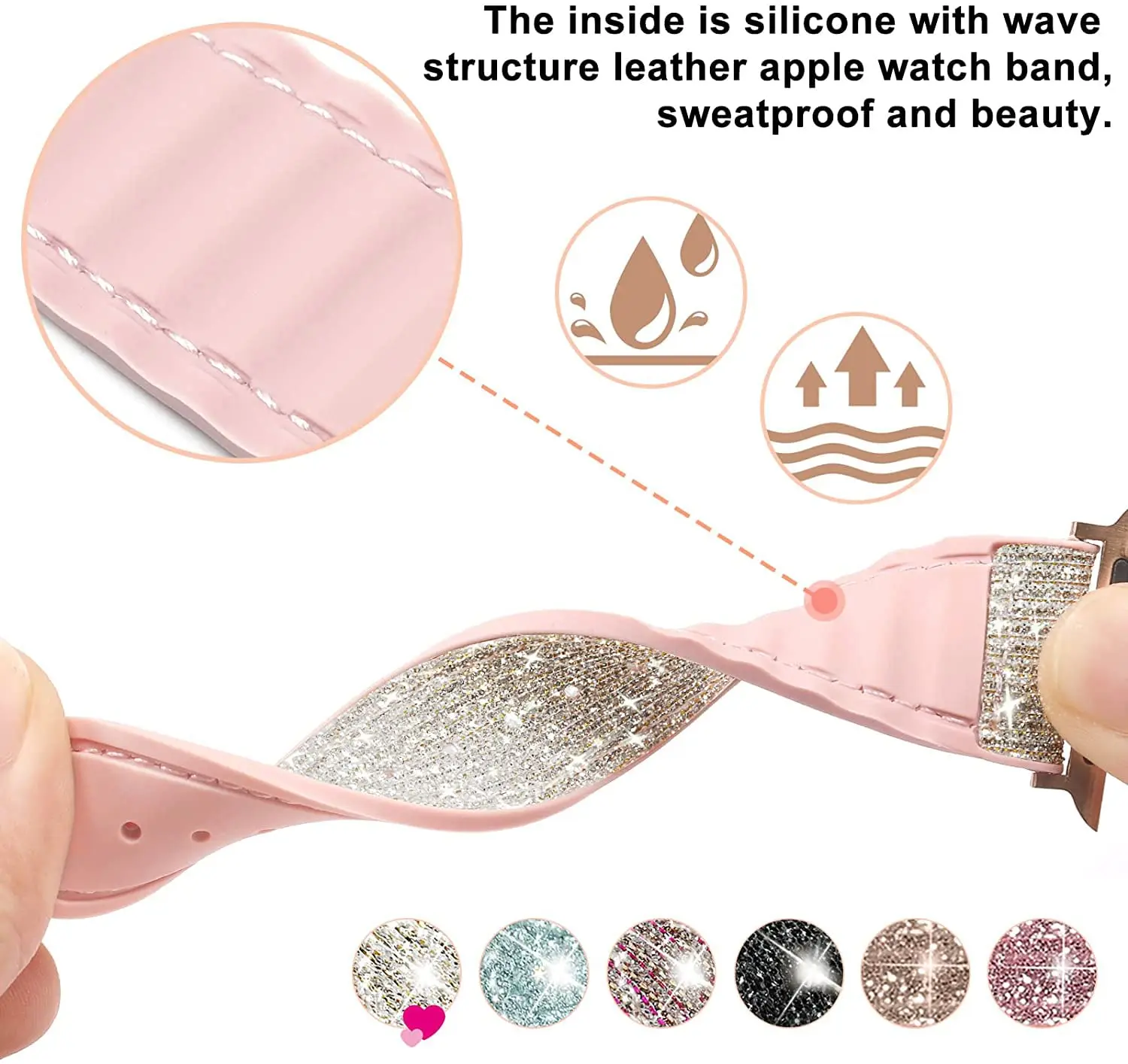 Ремешок из силикона и кожи для Apple Watch Band 44 мм 40 45 41 38 42 БРАСЛЕТ Bling Correa iWatch Series 3 5 4 6 SE