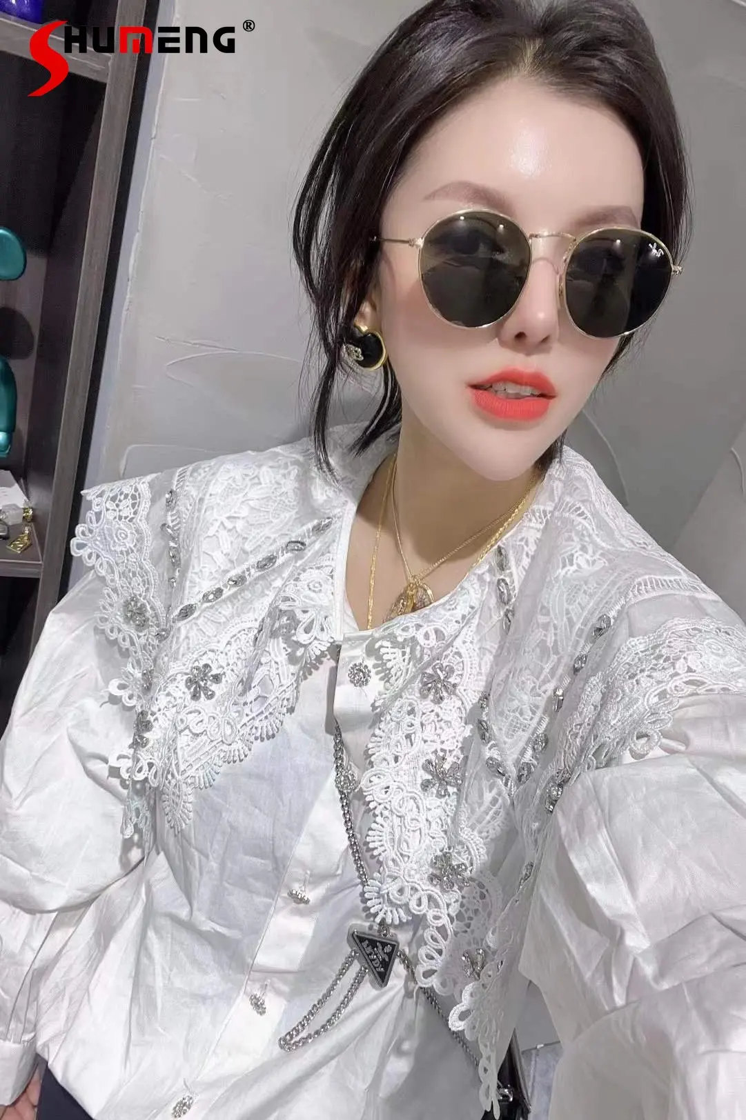 

Fashion Sweet Diamond Lace Doll Collar Button Shirt Women 2023 Early Spring Blouse Korean White Long Sleeve Cardigan Blusas Top
