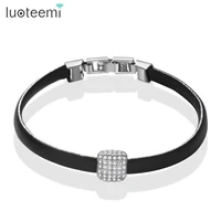 luoteemi trend black pu leather charm bracelets for women punk clothes men simple round zircon bead handmade kpop men bracelet