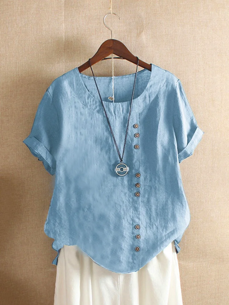 

Vintage Harajuku Button Blouses Casual Summer Short Sleeve Cotton Linen Solid Loose Blouse Elegant Oversize Tee Shirt Streetwear