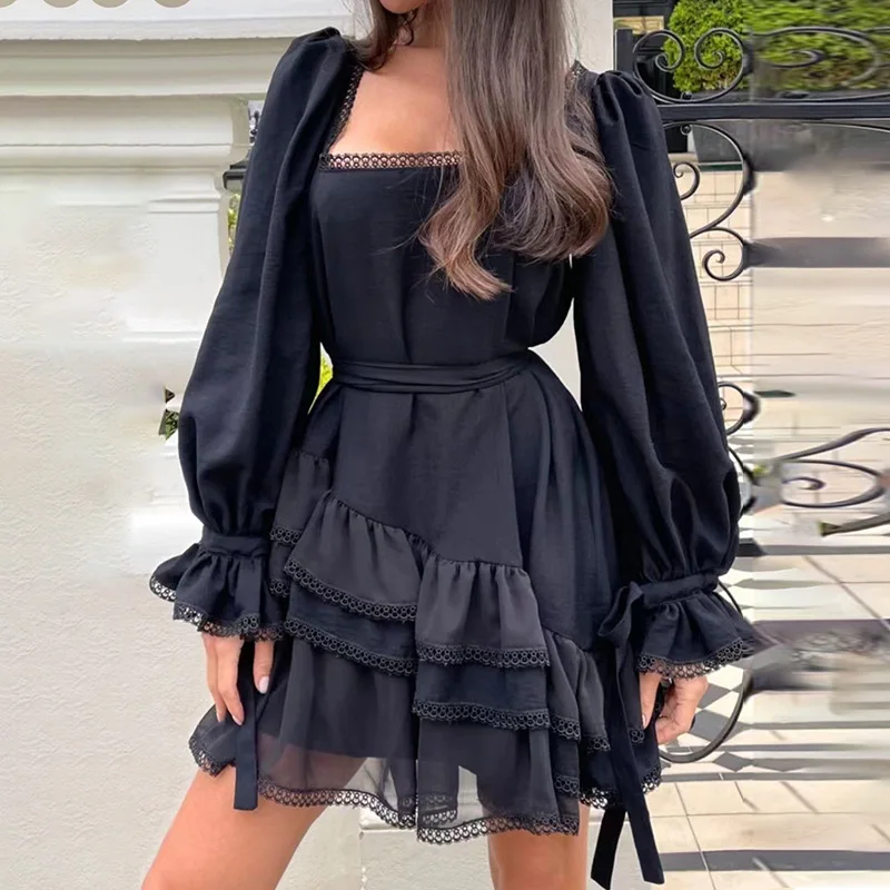 

Elegant Black Women Dress Mini 2022 Summer New Square Neck Lantern Sleeve Chiffon Stitching Lace Ruffle Female Dress Sexy Cake