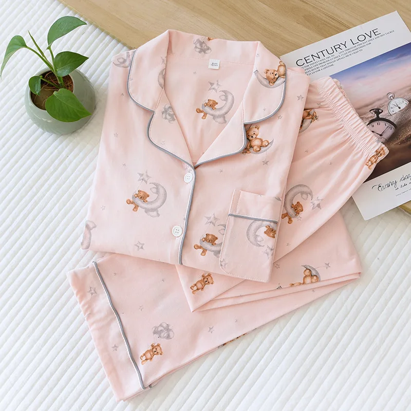 Women Cartoon Bear Pink Color Cotton Pajamas Set 2 Pieces Pajamas Sleepwear Set Long Sleeves Soft Comfort Pyjamas PJ Set