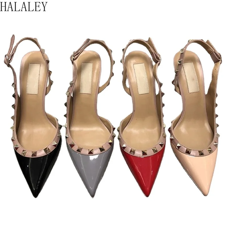 

HALALEY 2022 Rivets Sandals 6 8 10cm High Heels Pointed Toe Sexy Wedding Shoes Classic Black Shiny Leather Women Summer Sandals