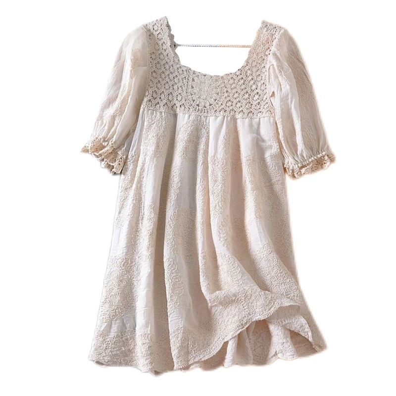 

Women Puff Half Sleeve Lace Mini Dress Hollow Crochet Knit Splicing Embroidery Floral Flowy Loose Tunic Top Cover Up
