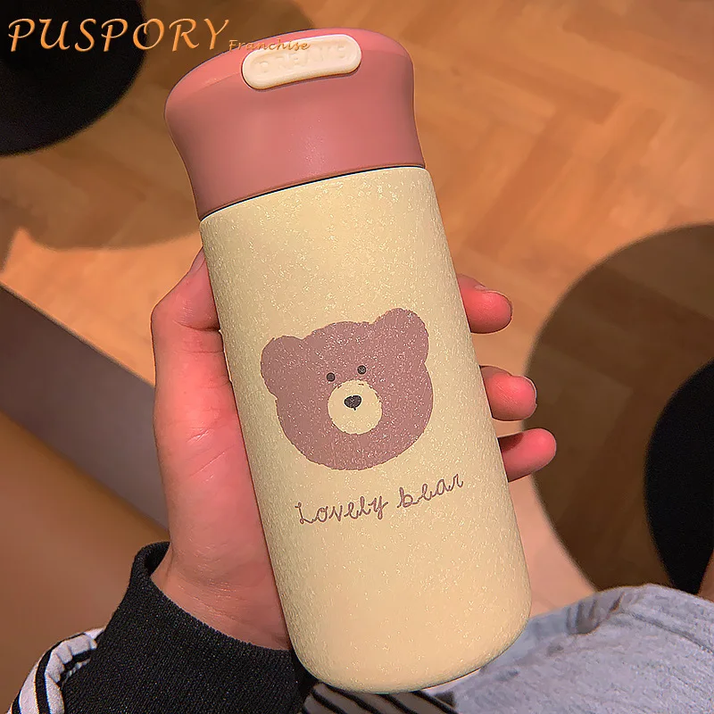 

Детская Бутылочка с рисунком медведя из мультфильма, непромокаемая бутылка из нержавеющей стали с веревкой для воды, детская портативная в...