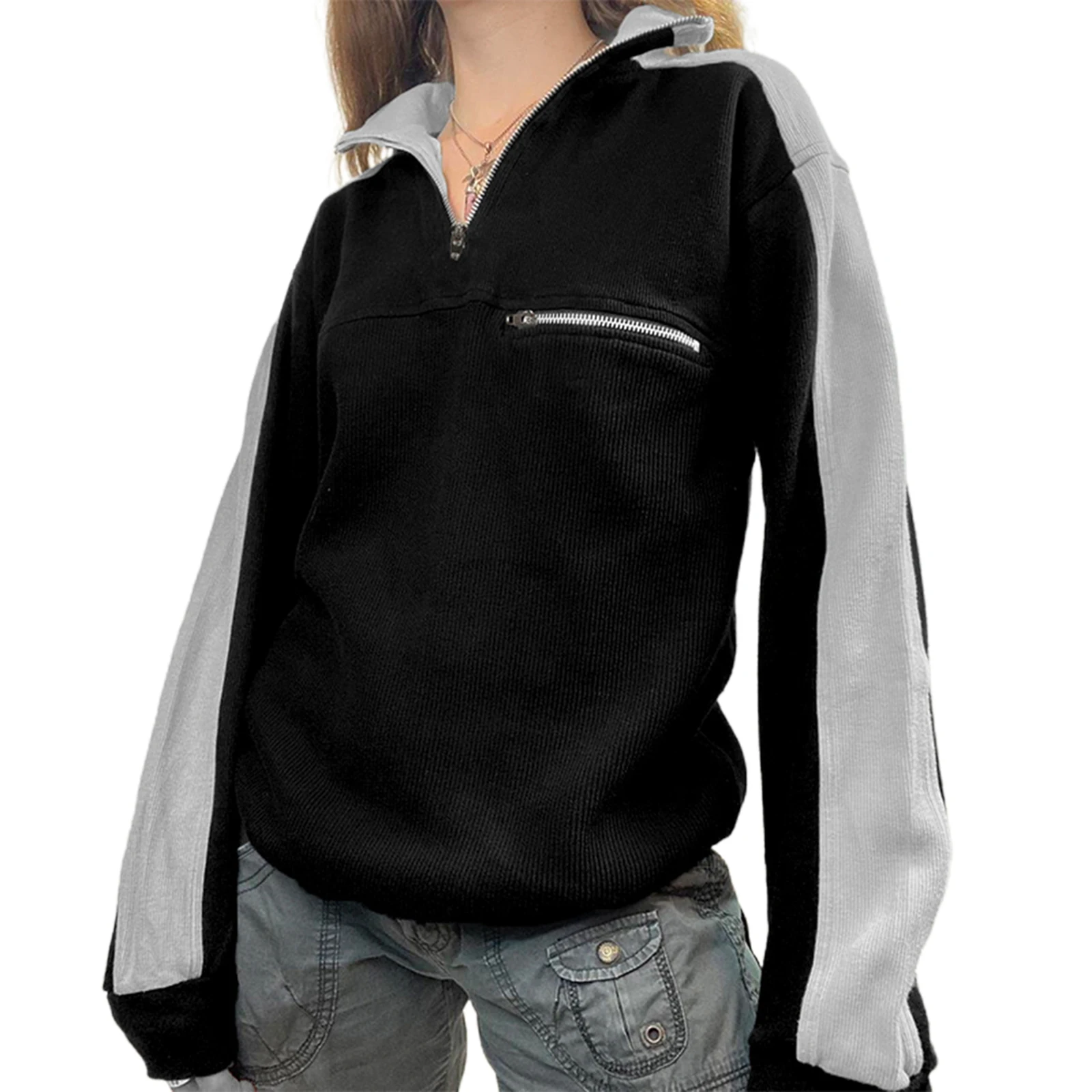 

2022 Harajuku Female Pullover Contrast Color Turn-Down Collar Long Sleeve Tops with Zipper for Spring Autumn, Black