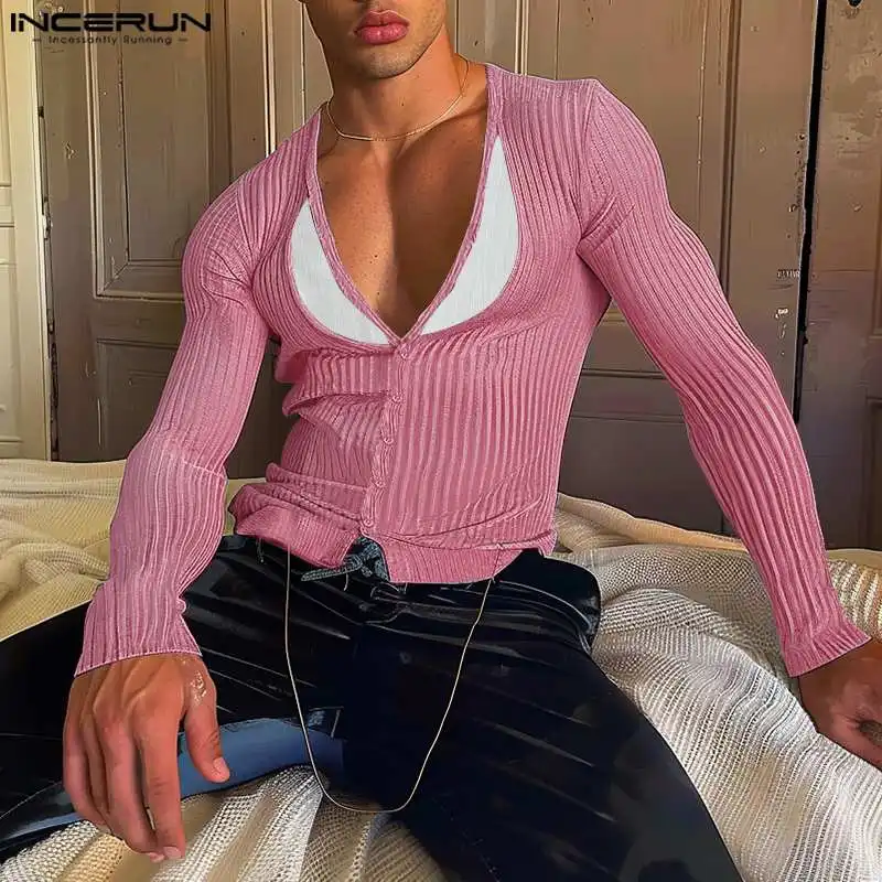 Мужской трикотажный свитер с V-образным вырезом и длинным рукавом